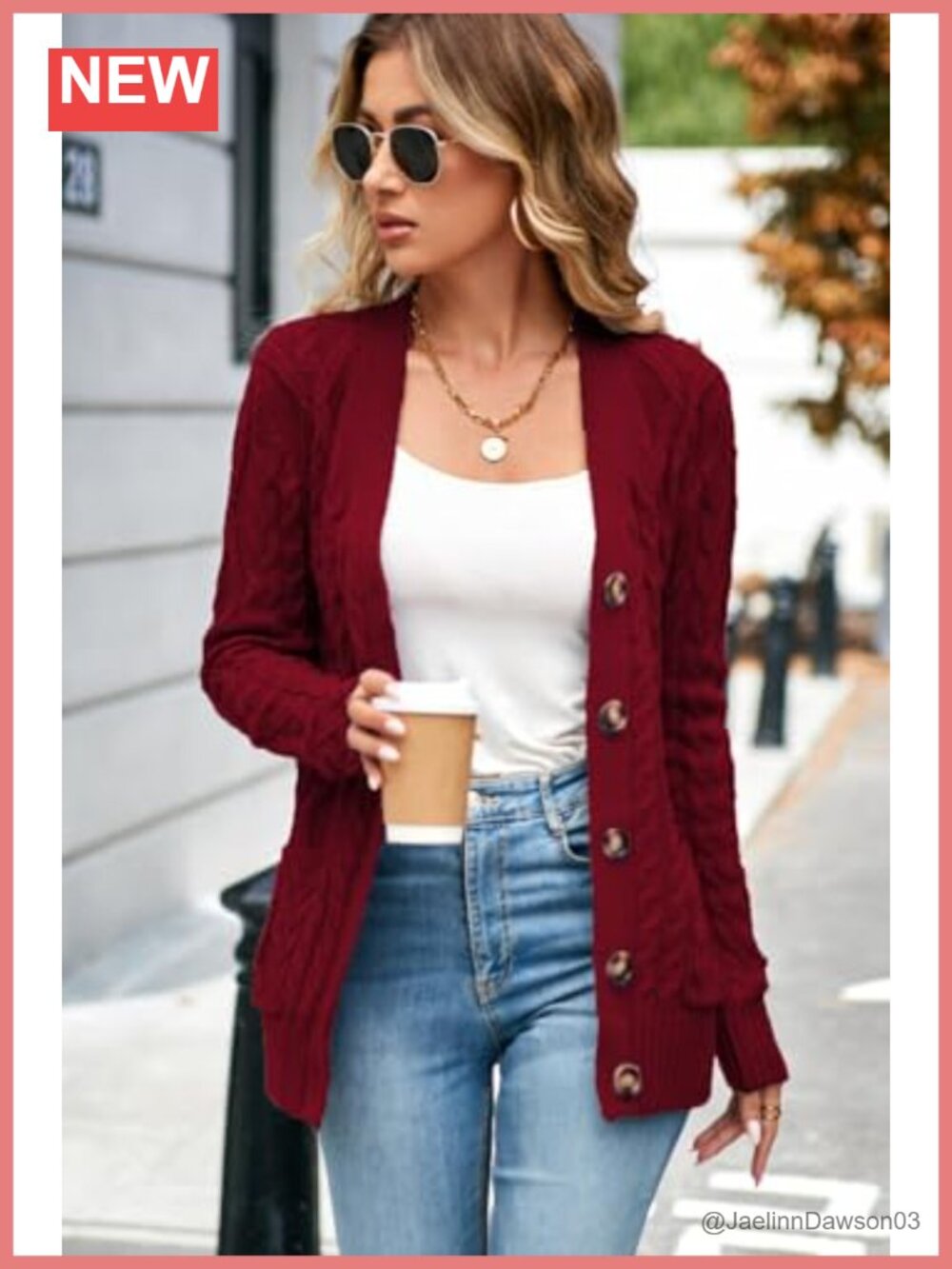 Chunky Cable Knit Button Up Cardigan Long Sleeve V-Neck Sweater - Picture 4 of 4
